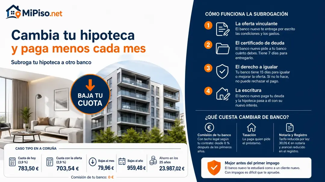 Con una subrogación: otro banco te mejora el interés, paga tu deuda y se queda tu hipoteca; el tuyo puede igualarlo en 15 días. Qué cuesta y cuándo conviene.