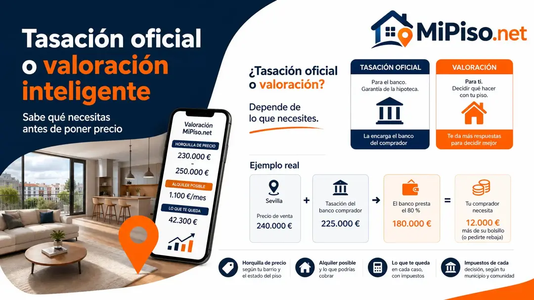 La tasación oficial la pide el banco del comprador, habitualmente para la hipoteca. Para poner precio a tu piso basta con una valoración bien hecha.