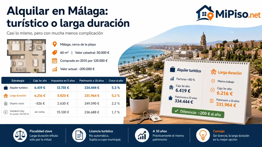Un caso en Málaga: a turistas facturarías un 80 % más, pero tras IRPF te quedan 6.419 € el primer año frente a 6.216 € de larga duración.