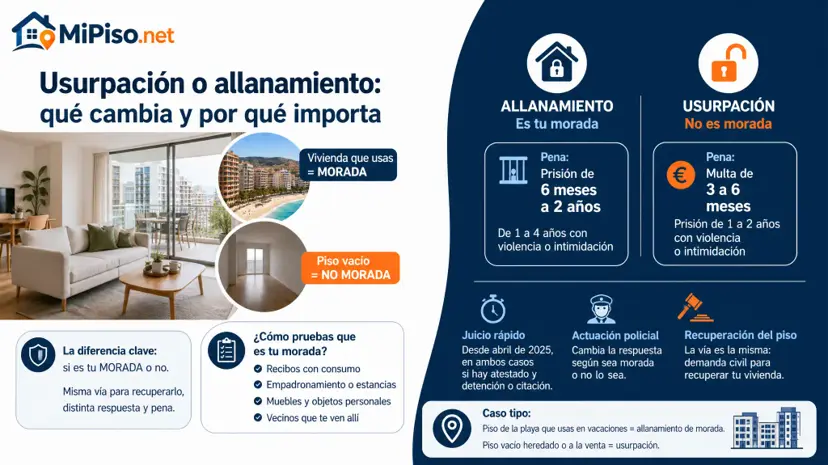 Si ocupan tu casa o tu segunda residencia, es allanamiento, con cárcel; si estaba vacío, usurpación, con multa. Qué cambia para recuperarlo y cómo probarlo.