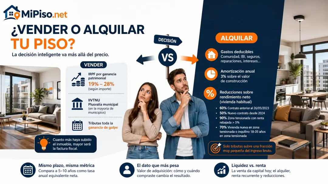 Vender tributa la ganancia de golpe; alquilar, año a año y con deducciones. La comparación solo vale en neto.