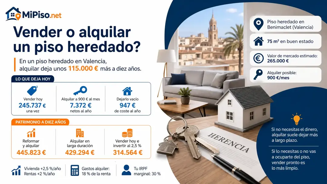 Si no necesitas el dinero, alquilar un piso heredado suele dejar más a diez años; vender pronto tributa poco si declaraste en la herencia su valor real.