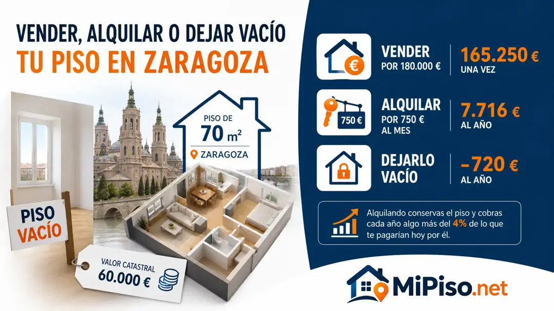 Un caso en Zaragoza: el piso vendido por 180.000 € deja 165.250 € tras impuestos; alquilado, 7.716 € al año. Vacío, con el recargo del IBI, 720 € al año.