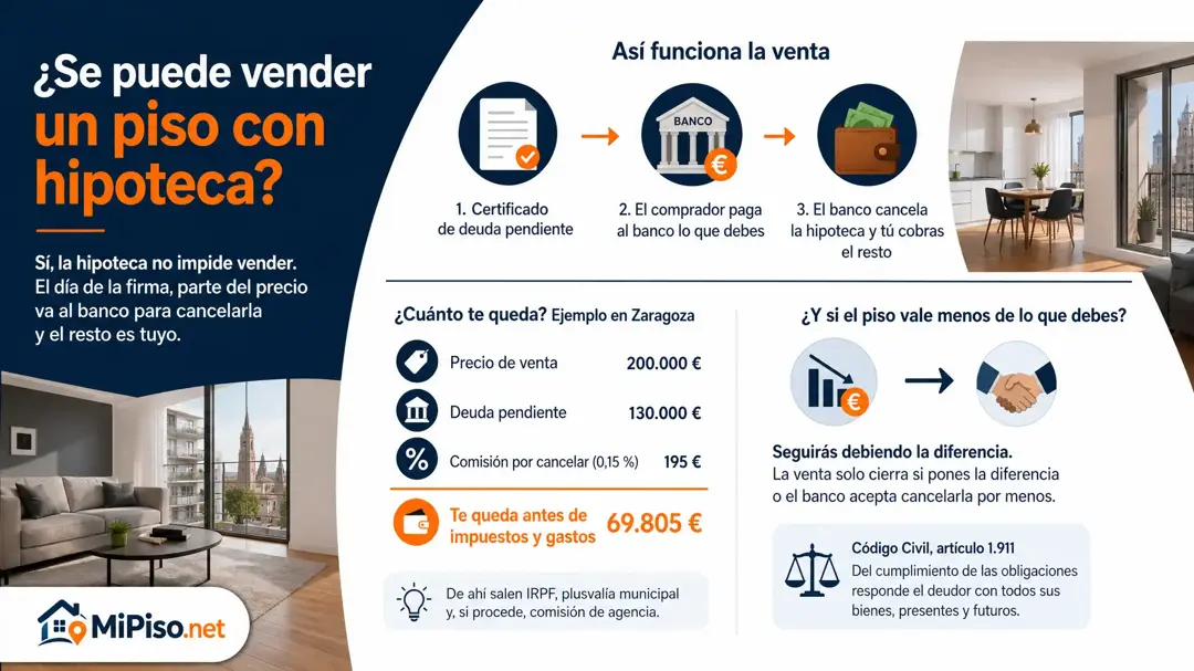 Sí: en la notaría, parte del precio va al banco y cancela la hipoteca. Qué comisión puede cobrarte, qué te queda y qué pasa si vale menos de lo que debes.