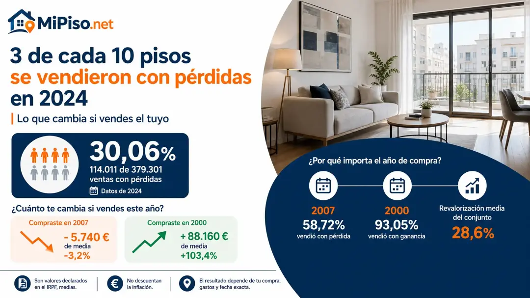 La Agencia Tributaria publica su nueva estadística de viviendas transmitidas: el 30,06 % se vendió por menos del precio de compra. Qué significa si vendes.